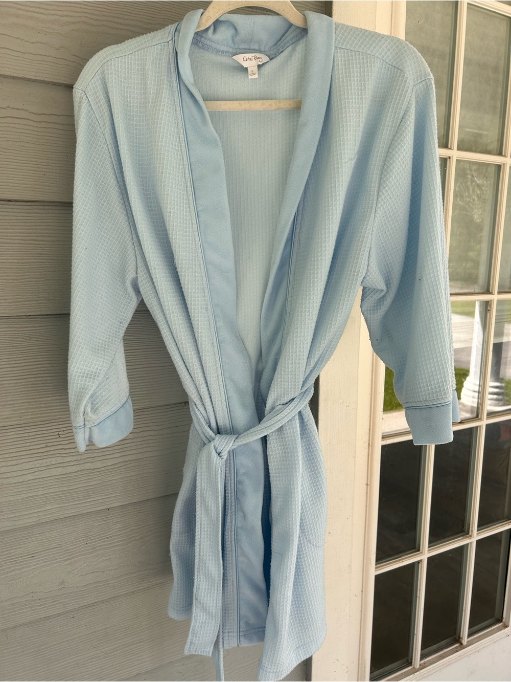 Coral Bay Women L Blue Waffle Knit Bathrobe Satin Trim Spa Wrap Robe Pockets